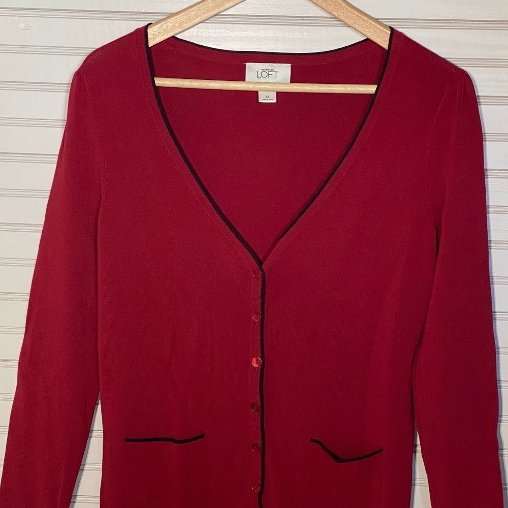 Ann Taylor LOFT Red Cardigan with Black Trim